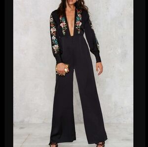 Nasty Gal Embroidery Black Flower Jumpsuit